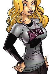 Jkr comics. Comic blondes in shot skirts and sci-fi cartoon girl in latex